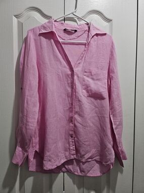 Zara Pink 100% Linen Button Down Shirt Size S Roll Tab Sleeves Casual Summer